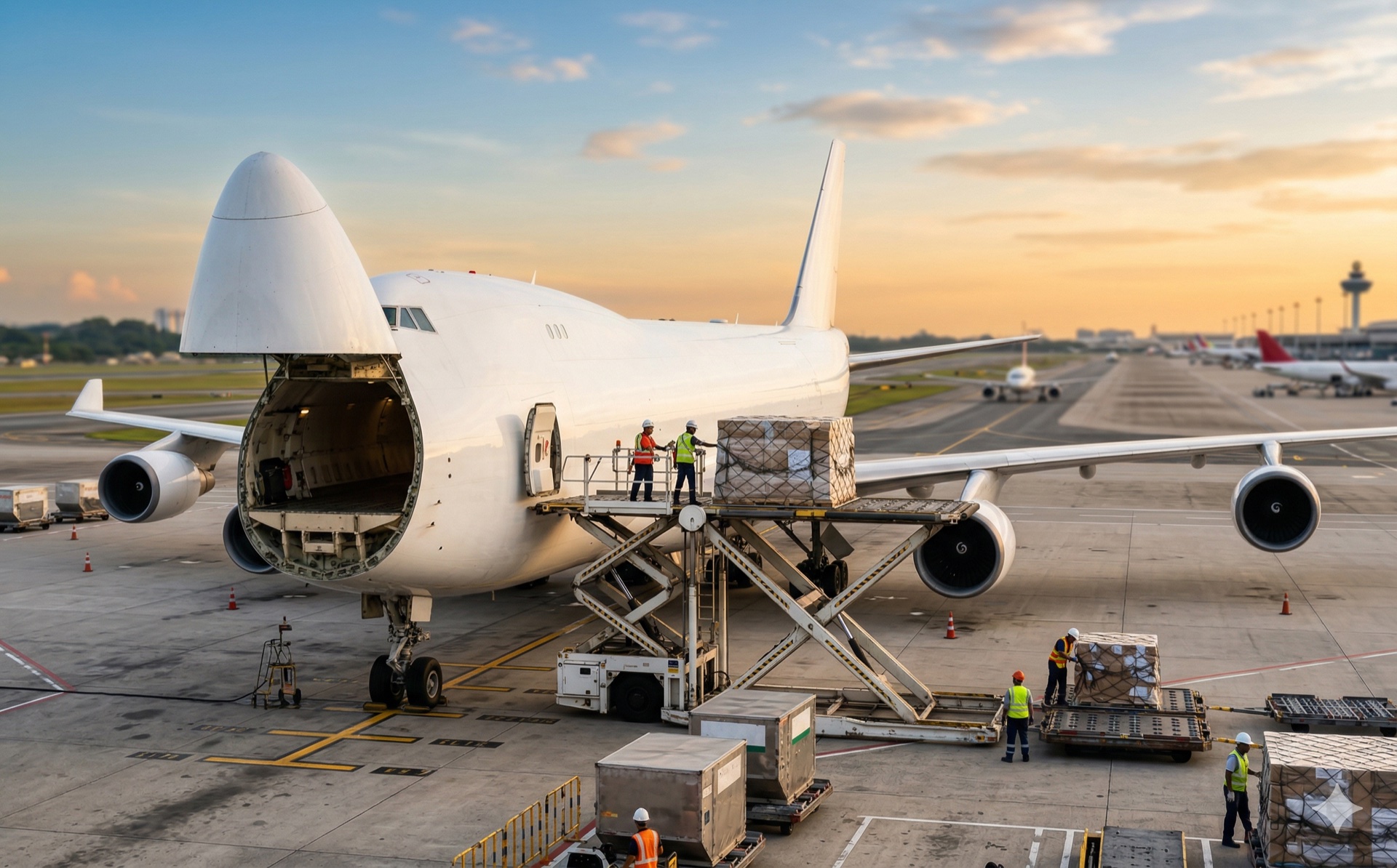 Cargo plane being loaded at sunset