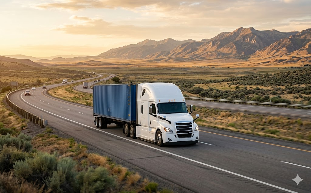 Semi truck on highway with mountains